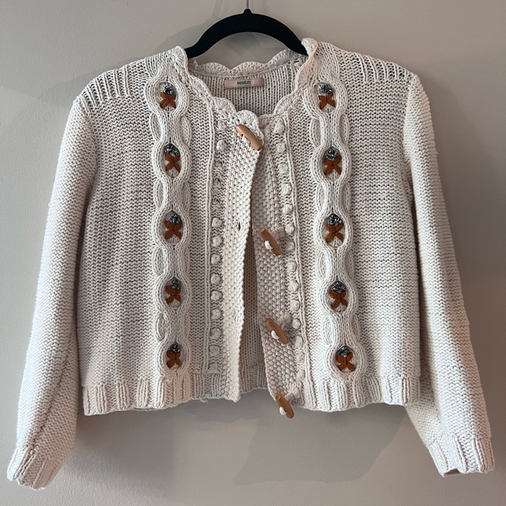 Sessun Tesoro crewneck cotton cardigan- beige in small